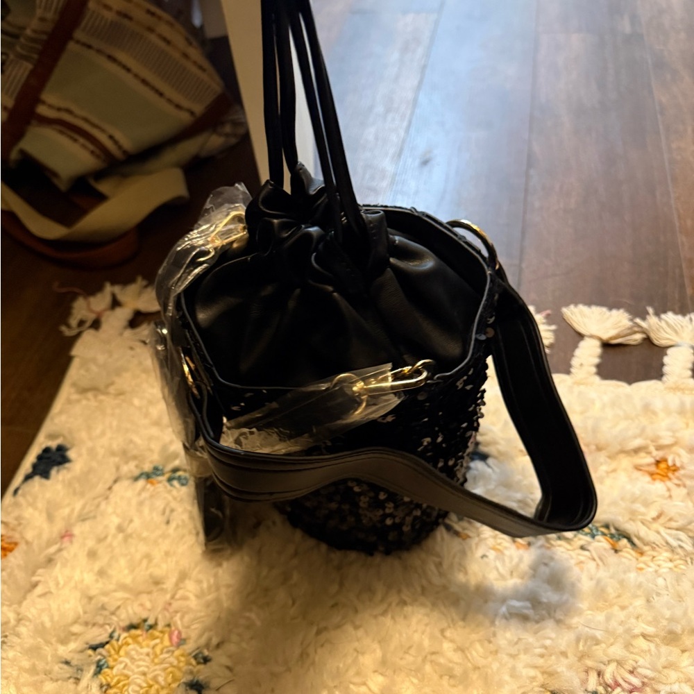 Badgley Mischka Black Sequin Bucket Bag with Gold Charm - Picture 5 of 5